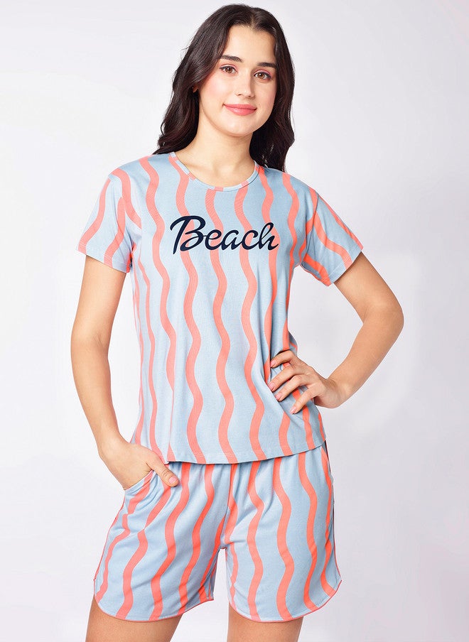 beebelle Peach-Coloured & Grey Striped Printed Round Neck Night Suit - Image 2