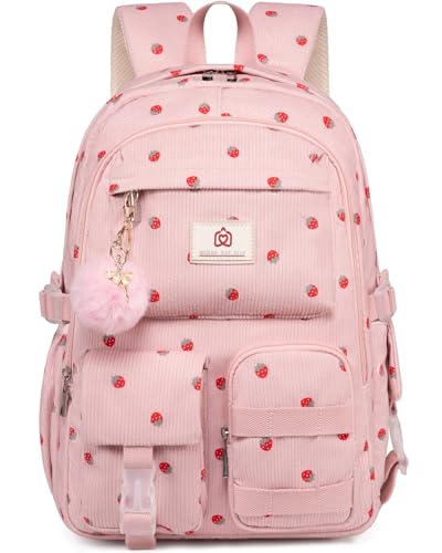 Hidds School Backpack for Teens Girls Women 156 Inch Laptop College Backpacks Corduroy Work Bag Kids Elementary Middle High Campus Bookbag Students Anti Theft Travel Daypack Womens Pink Strawberry - Image 1