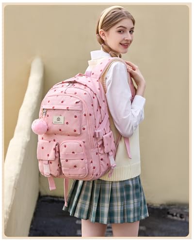 Hidds School Backpack for Teens Girls Women 156 Inch Laptop College Backpacks Corduroy Work Bag Kids Elementary Middle High Campus Bookbag Students Anti Theft Travel Daypack Womens Pink Strawberry - Image 3
