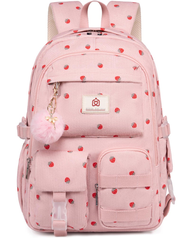 Hidds School Backpack for Teens Girls Women 156 Inch Laptop College Backpacks Corduroy Work Bag Kids Elementary Middle High Campus Bookbag Students Anti Theft Travel Daypack Womens Pink Strawberry - Image 2