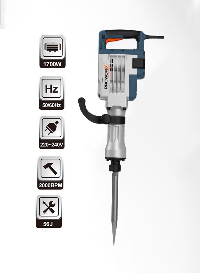 PROWORX Proworx DH56-1700H Demolition Hammer, 1700W, 56J, 2000 BPM, Hex Chisel, Electric Breaker with 1 Year Warranty – Industrial Grade  - Image 2