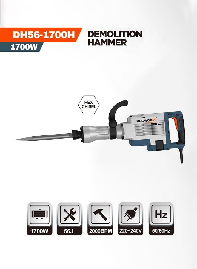 PROWORX Proworx DH56-1700H Demolition Hammer, 1700W, 56J, 2000 BPM, Hex Chisel, Electric Breaker with 1 Year Warranty – Industrial Grade  - Image 1