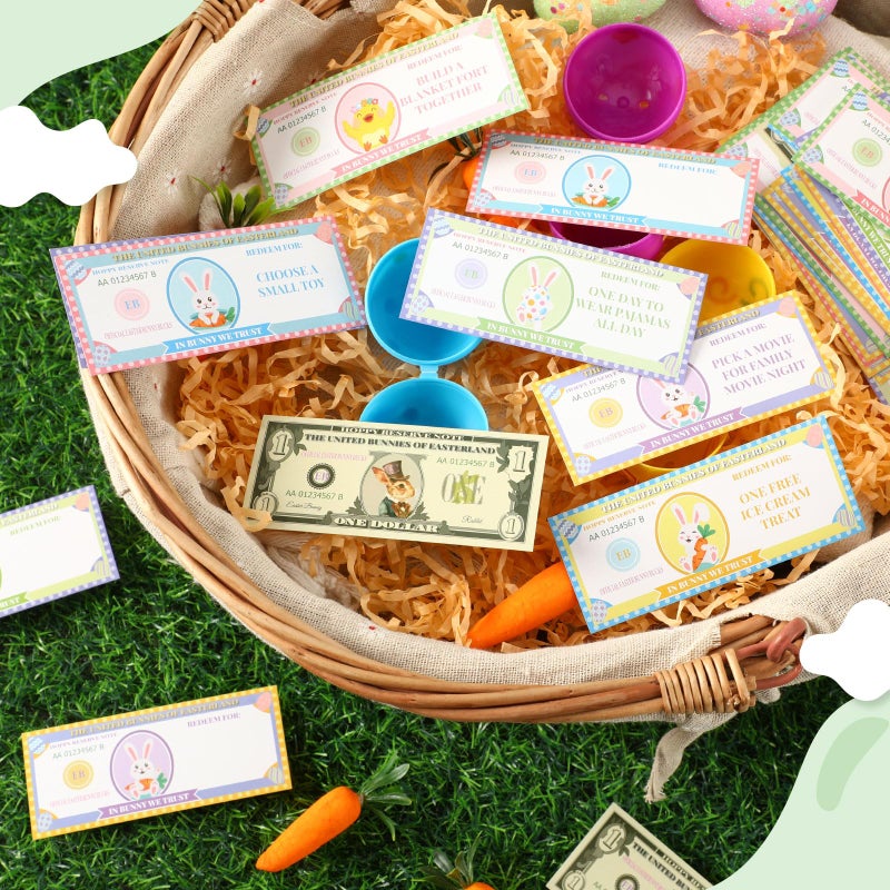 JULEASEL Easter Egg Fillers- Easter Bunny Play Bucks â€“ 100-Piece Bundle with 60 Redeemable Coupons, 30 Blank DIY Coupons & 10 Bunny Dollars â€“ Perfect for Easter Hunt Rewards & Family Fun Activities - Image 3