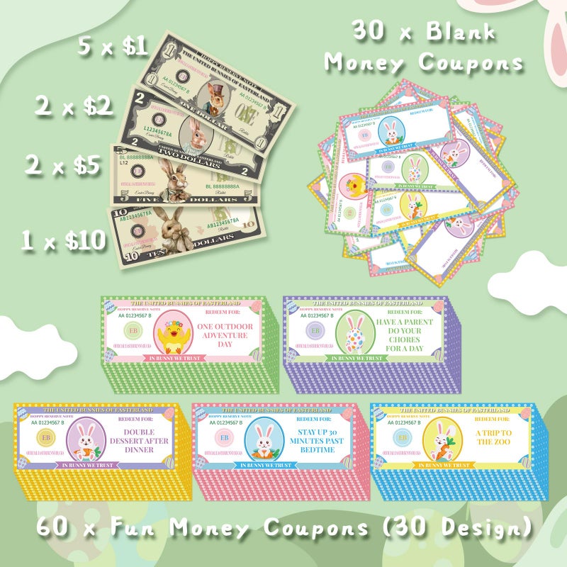 JULEASEL Easter Egg Fillers- Easter Bunny Play Bucks â€“ 100-Piece Bundle with 60 Redeemable Coupons, 30 Blank DIY Coupons & 10 Bunny Dollars â€“ Perfect for Easter Hunt Rewards & Family Fun Activities - Image 5
