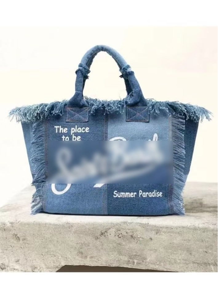 Large Capacity Beach Bag with Handmade Tassels, Fashion Printed Denim Tote Bag  - Image 2