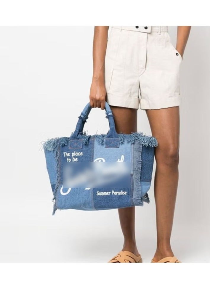 Large Capacity Beach Bag with Handmade Tassels, Fashion Printed Denim Tote Bag  - Image 1