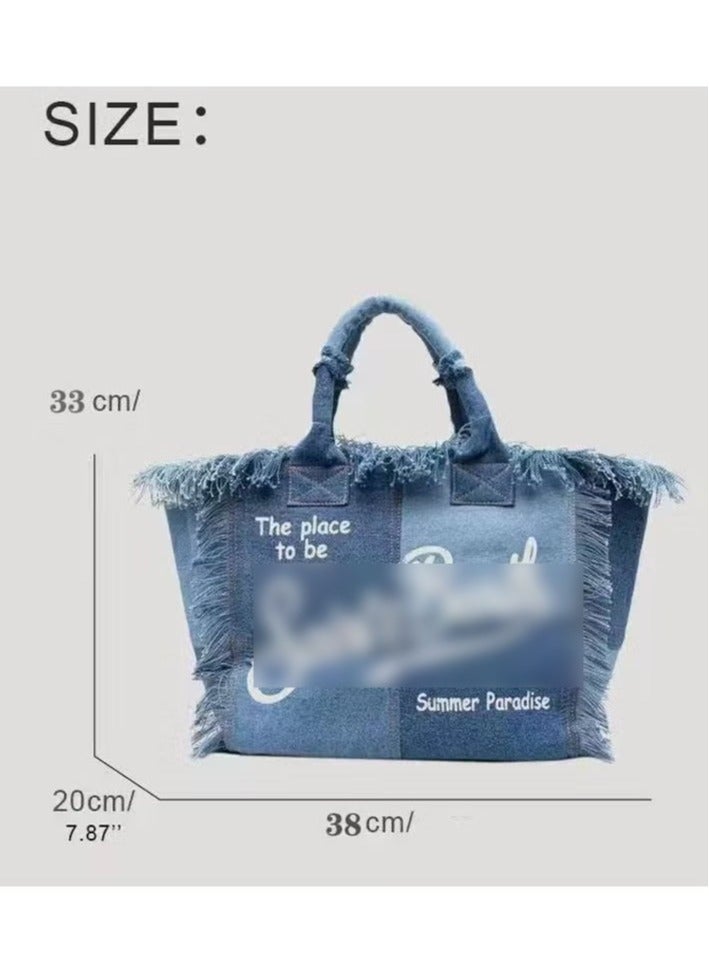 Large Capacity Beach Bag with Handmade Tassels, Fashion Printed Denim Tote Bag  - Image 3