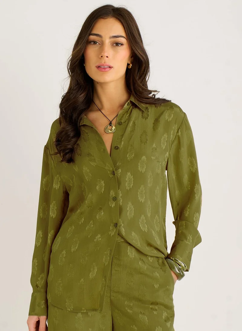 Gini London  Khaki Floral Satin Jacquard Shirt for Women | Best Price UAE