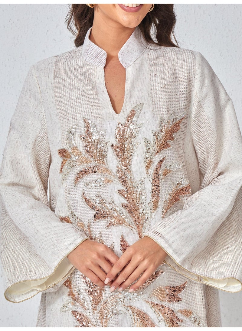 Kaiyuede 5.0 Rated Elegant Beige Abaya for Women | Dubai Luxury Rose Gold Sequin Leaf Embroidery | Opaque Lined Stand Collar Polyester Modest Maxi Dress | Daily & Eid Ramadan Wear - Image 3