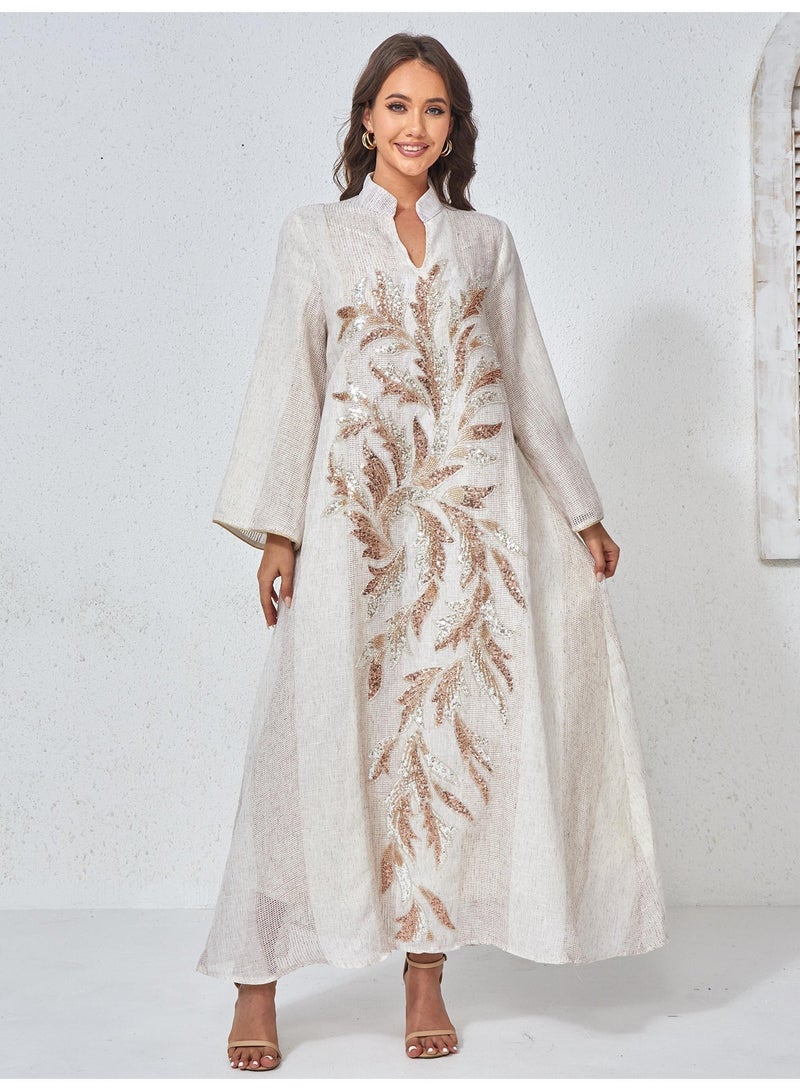 Kaiyuede 5.0 Rated Elegant Beige Abaya for Women | Dubai Luxury Rose Gold Sequin Leaf Embroidery | Opaque Lined Stand Collar Polyester Modest Maxi Dress | Daily & Eid Ramadan Wear - Image 1