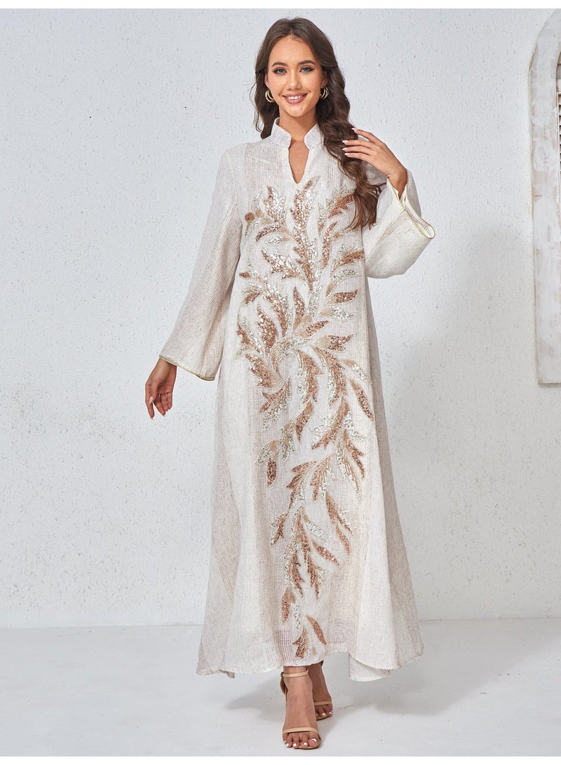 Kaiyuede 5.0 Rated Elegant Beige Abaya for Women | Dubai Luxury Rose Gold Sequin Leaf Embroidery | Opaque Lined Stand Collar Polyester Modest Maxi Dress | Daily & Eid Ramadan Wear - Image 4