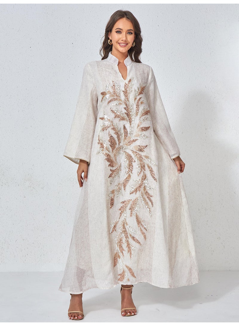 Kaiyuede Abaya Eid Ramadan Beige Rose Gold Sequin Polyester Breathable Stand Collar Opaque Lined Full Coverage Daily S-XL - Image 1