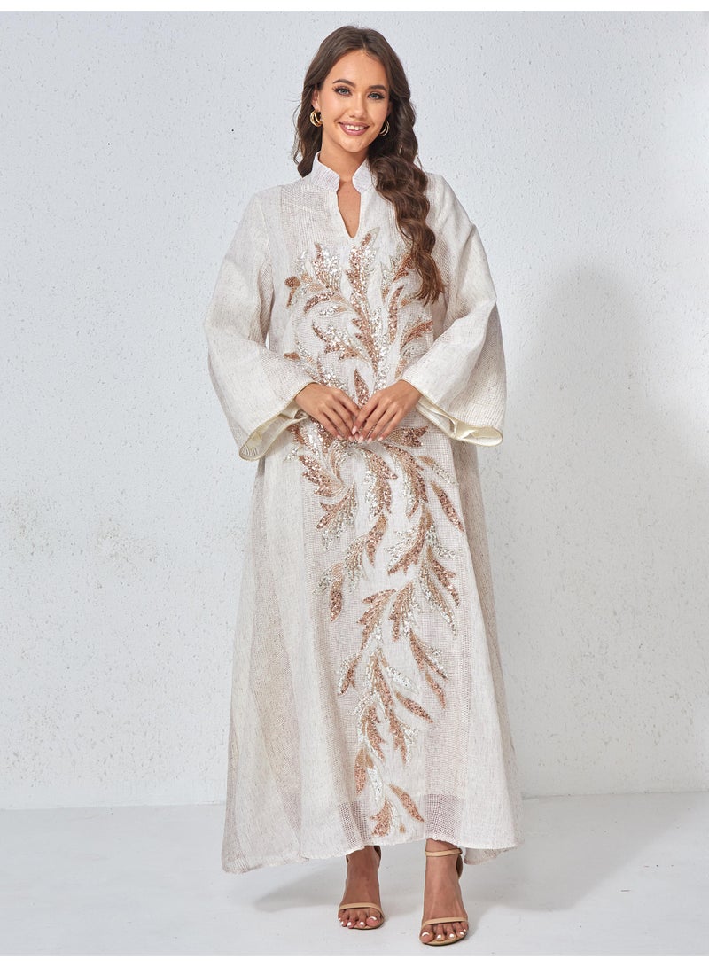 Kaiyuede Abaya Eid Ramadan Beige Rose Gold Sequin Polyester Breathable Stand Collar Opaque Lined Full Coverage Daily S-XL - Image 4