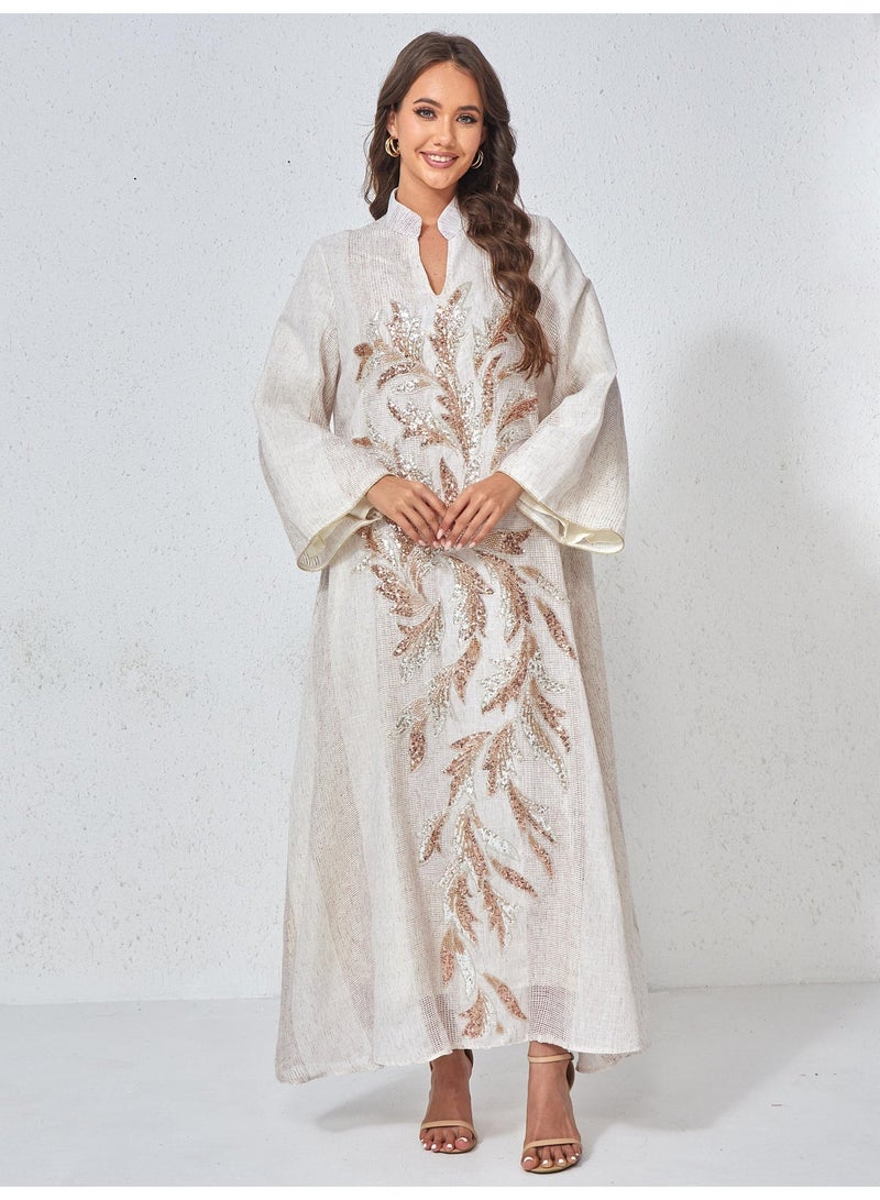 Kaiyuede Women's Beige Jalabiya Rose Gold Sequin Leaf Stand Collar Polyester Opaque Lined Modest Daily Eid Ramadan S-XL - Image 4