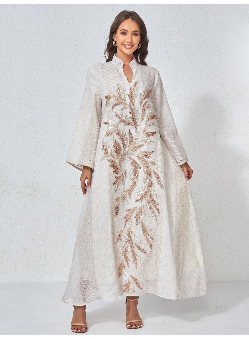 Kaiyuede Women's Beige Jalabiya Rose Gold Sequin Leaf Stand Collar Polyester Opaque Lined Modest Daily Eid Ramadan S-XL - Image 1