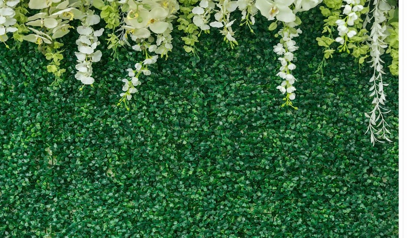 Backdropon Greening Background with Flowers Green Leaves White Flower Photo Backgrounds for Wedding Reception Ceremony Birthday Party Decoration Size 5Feet Height and 8Feet Width(5 * 8) - Image 1