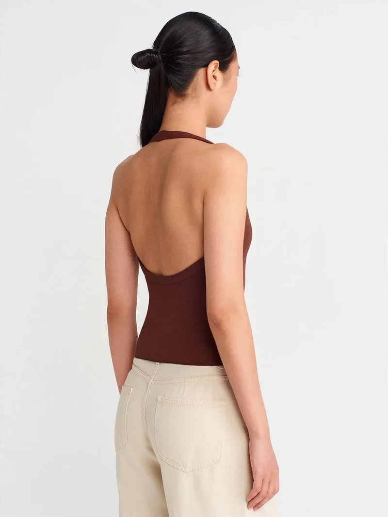 Dilvin Dilvin Slim Fit Halterneck Cut-Out Blouse