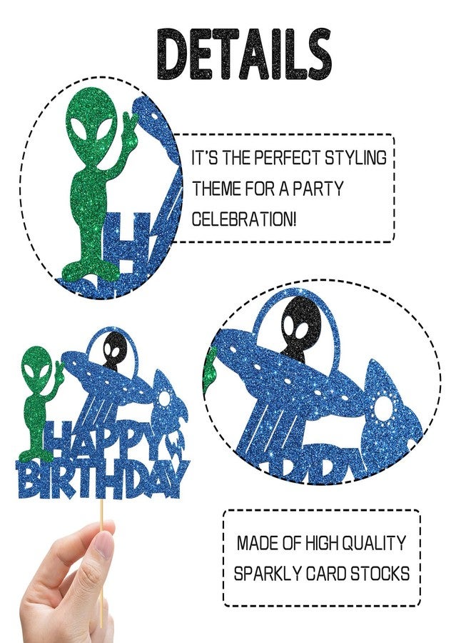 WeBenison Alien Happy Birthday Cake Topper/Space Theme Kids Men Birthday Cake Supplies/Rocket UFO Alien Baby Shower Party Decorations/Black Glitter - Image 3