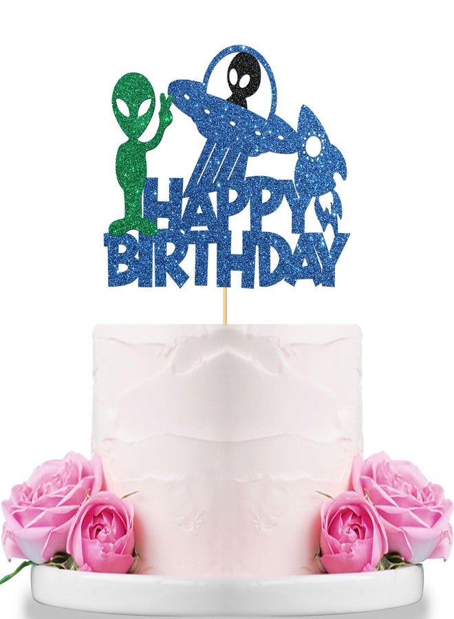 WeBenison Alien Happy Birthday Cake Topper/Space Theme Kids Men Birthday Cake Supplies/Rocket UFO Alien Baby Shower Party Decorations/Black Glitter - Image 1