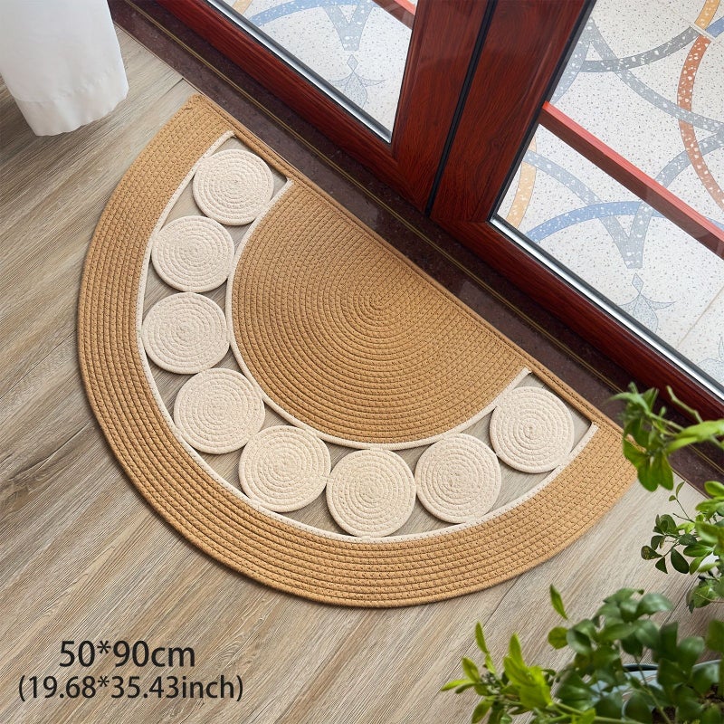 Bohemian Handmade Linen Half Round Door Mat 19.69x35.43 Inch Non Slip Washable Quick Dry for Bathroom Bedroom - Image 2