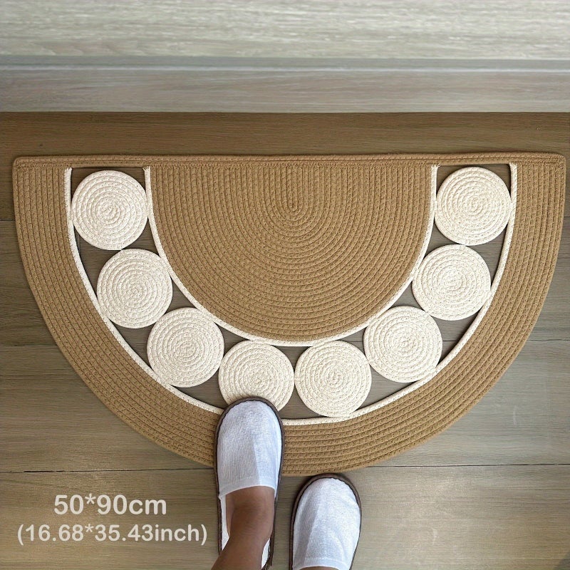 Bohemian Handmade Linen Half Round Door Mat 19.69x35.43 Inch Non Slip Washable Quick Dry for Bathroom Bedroom - Image 1
