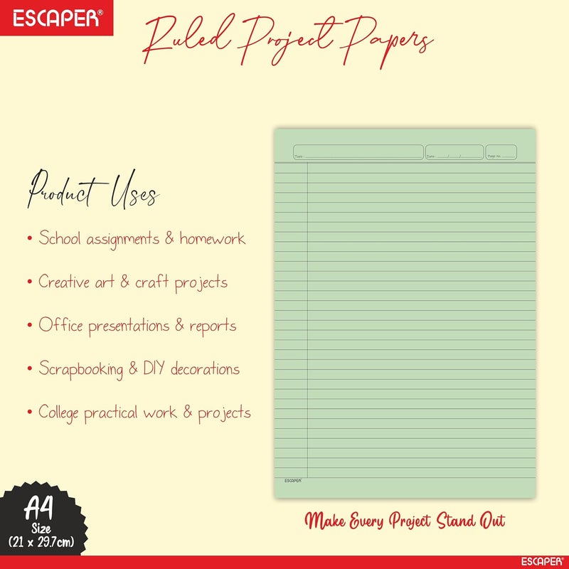 ESCAPER One Side A4 Ruled Colour Sheets – Single Side Ruled Paper, 90 GSM Thick Paper, For School Projects, Assignments, Content Writing & Office Use (Mix Pack, 100 Sheets) - Image 3