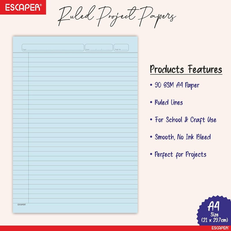 ESCAPER One Side A4 Ruled Colour Sheets – Single Side Ruled Paper, 90 GSM Thick Paper, For School Projects, Assignments, Content Writing & Office Use (Mix Pack, 100 Sheets) - Image 2