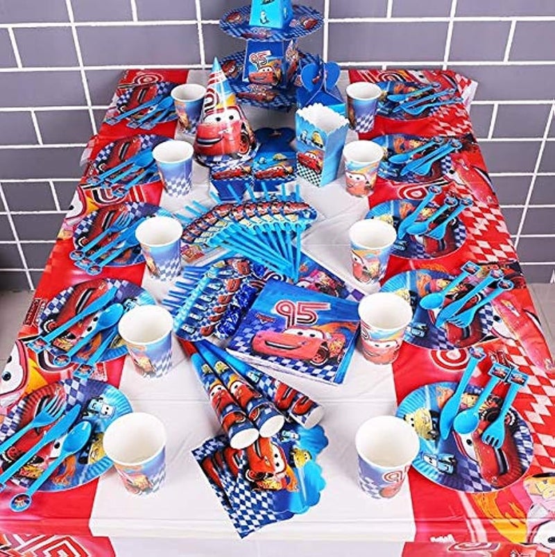 Lighting McQueen Birthday Disposable Tableware Set for 10 Kids 136-Piece Party Supplies Pack with Plates, Cups and Party Hats Car Theme Birthday Party Decoration for Boys