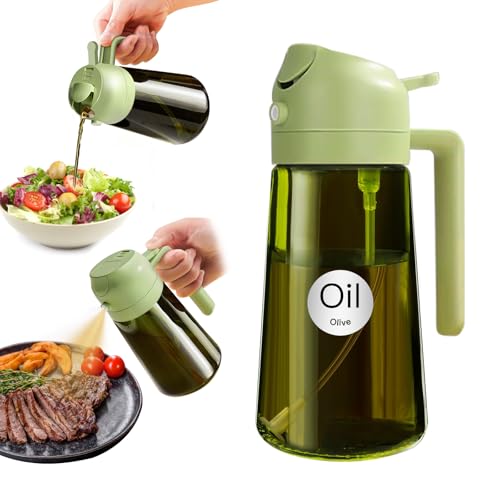 YARRAMATE 16oz470ml Light Blocking Oil Sprayer for Cooking with Stickers FoodGrade 2 in 1 Olive Oil Dispenser Bottle for Kitchen Premium Dark Green Glass Oil Bottle for Air Fryer BBQ Green