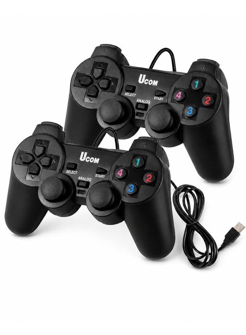 يوكوم طقم وحدات تحكم ألعاب (Gamepad) سلكية من Ucom للكمبيوتر بنظام Windows - لون أسود كلاسيكي، مزودة بخاصية الاهتزاز المزدوج واتصال USB - قطعتان - Image 1