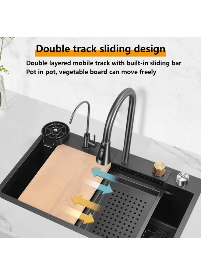 Artline حوض مطبخ أسود بوعاء واحد، حوض شلال من الفولاذ المقاوم للصدأ، حوض بار مع غسالة أكواب، حوض عمل مزرعة قابل للتثبيت/التحت مع ملحقات متعددة - Image 2