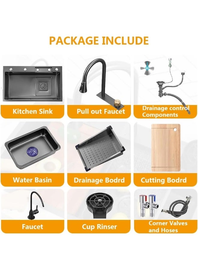 Artline حوض مطبخ أسود بوعاء واحد، حوض شلال من الفولاذ المقاوم للصدأ، حوض بار مع غسالة أكواب، حوض عمل مزرعة قابل للتثبيت/التحت مع ملحقات متعددة - Image 3