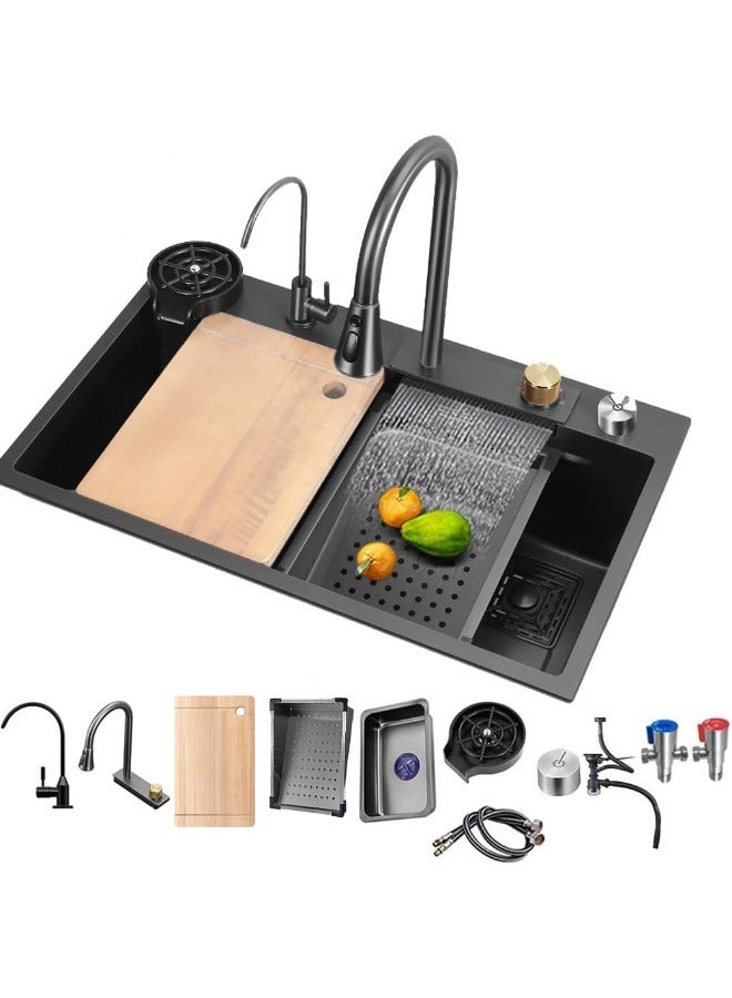 Artline حوض مطبخ أسود بوعاء واحد، حوض شلال من الفولاذ المقاوم للصدأ، حوض بار مع غسالة أكواب، حوض عمل مزرعة قابل للتثبيت/التحت مع ملحقات متعددة - Image 1