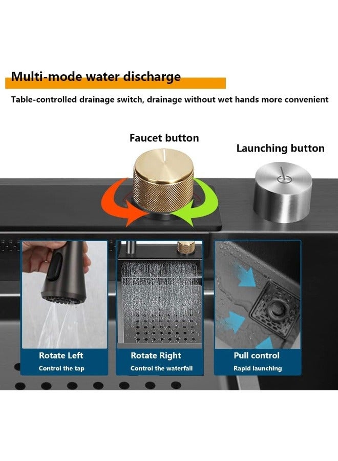 Artline حوض مطبخ أسود بوعاء واحد، حوض شلال من الفولاذ المقاوم للصدأ، حوض بار مع غسالة أكواب، حوض عمل مزرعة قابل للتثبيت/التحت مع ملحقات متعددة - Image 5
