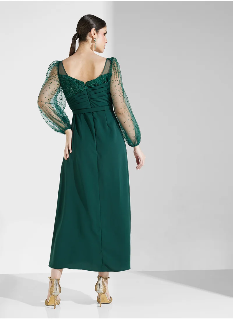 Fashion Trends by Suzy Matar Dotted Embroidered Sleeves Long Dress