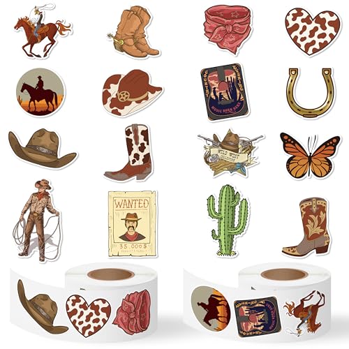 CNhoqc Western Cowboy Sticker Rolls 1000pcs Cowboy Hat Boots Cactus Waterproof Vinyl Reusable Laptop Stickers Coloring Book Scrapbook Water Bottle Page Activity Pad Birthday Party Favors Skateboard - Image 1