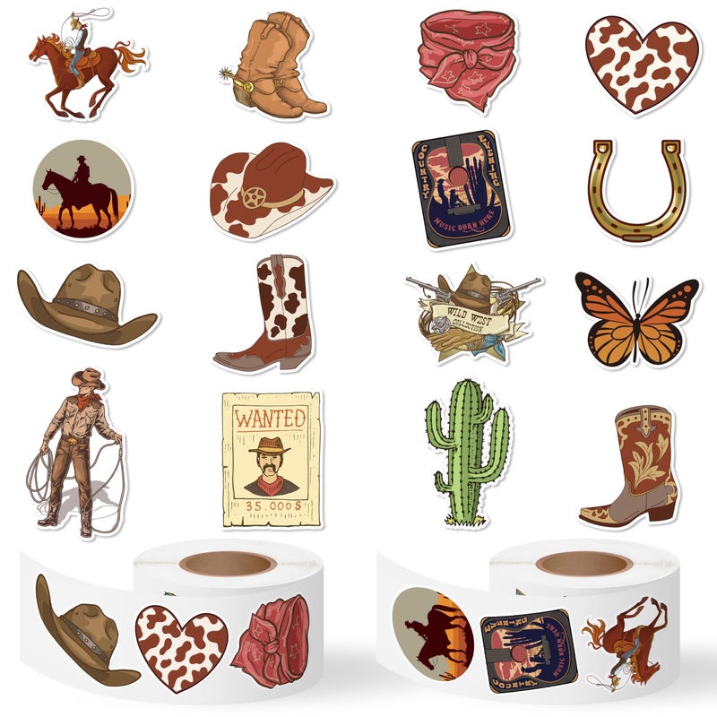 CNhoqc Western Cowboy Sticker Rolls 1000pcs Cowboy Hat Boots Cactus Waterproof Vinyl Reusable Laptop Stickers Coloring Book Scrapbook Water Bottle Page Activity Pad Birthday Party Favors Skateboard - Image 2