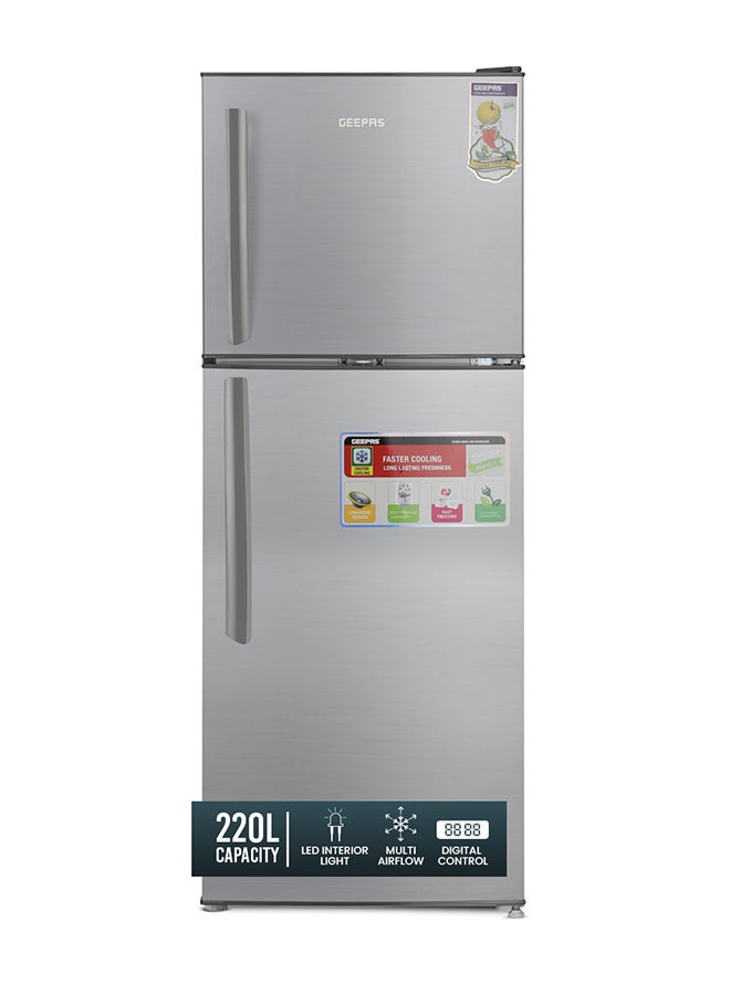 200L Gross/138L Net Capacity, Direct Cool Double Door Defrost Refrigerator With Grip Handle| Silver Finish, Glass Shelves, Transparent Door Basket, Adjustable Front Wheel, Lock & Key, Low Noise, Quick Cooling, Low Voltage,Freezer- 40L capacity GRF2209SXE Silver