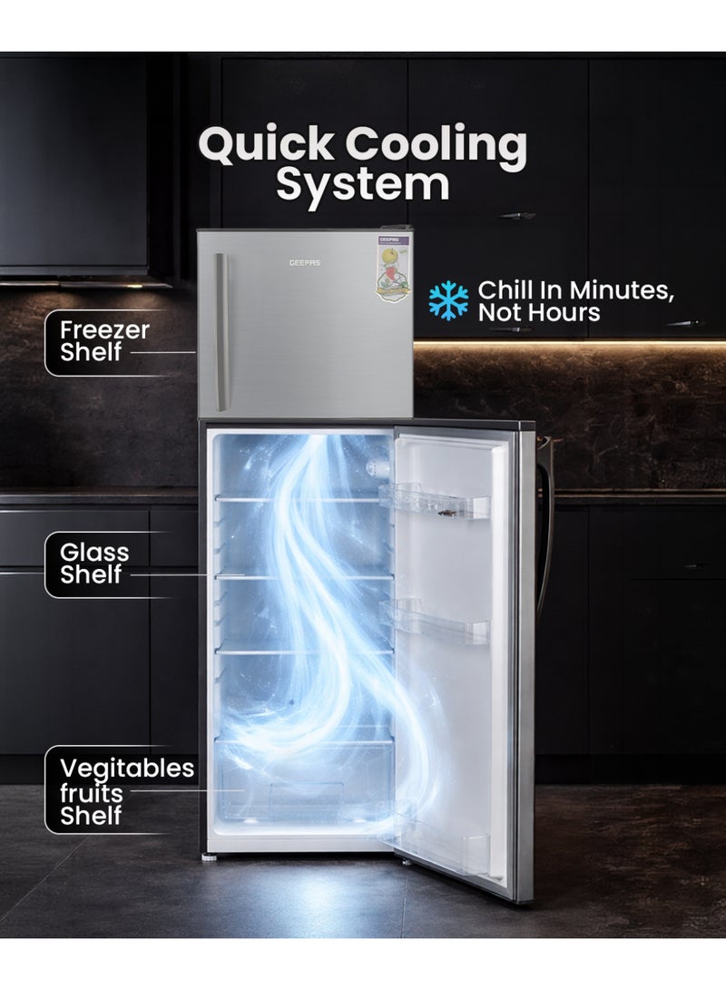 GEEPAS 200L Gross/138L Net Capacity, Direct Cool Double Door Defrost Refrigerator With Grip Handle| Silver Finish, Glass Shelves, Transparent Door Basket, Adjustable Front Wheel, Lock & Key, Low Noise, Quick Cooling, Low Voltage,Freezer- 40L capacity 220 L GRF2209SXE Silver - Image 3