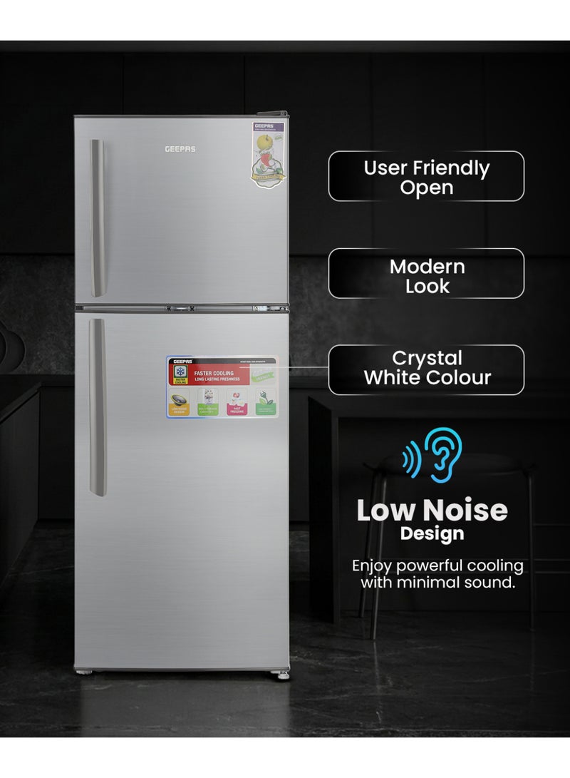 GEEPAS 200L Gross/138L Net Capacity, Direct Cool Double Door Defrost Refrigerator With Grip Handle| Silver Finish, Glass Shelves, Transparent Door Basket, Adjustable Front Wheel, Lock & Key, Low Noise, Quick Cooling, Low Voltage,Freezer- 40L capacity 220 L GRF2209SXE Silver - Image 4
