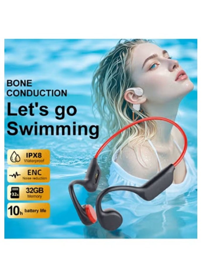 Open-ear Bluetooth sports and swimming headphones with wireless Bluetooth 5.4, MP3 player, 32GB built-in memory, fourth-generation ACa resonance chamber, IPX8 waterproof swimming headphones for secure fit and underwater listening, suitable for running and swimming (black and red) - Image 5