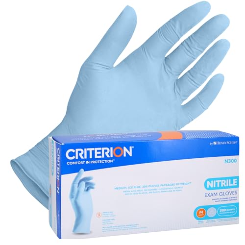 Henry Schein Criterion N300 Nitrile Exam Gloves – Medium, Ice Blue, 300/Box – Chemo Tested, Latex-Free, Chlorinated, Textured Fingers, 2.76 Mil Finger Thickness, Beaded Cuff, Non-Sterile, Disposable - Image 1