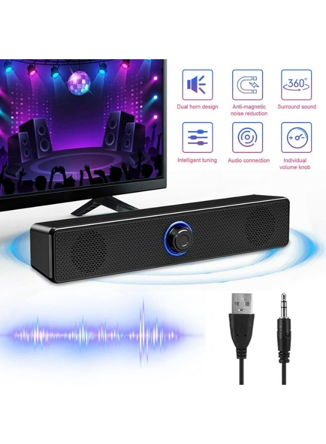 مكبر صوت تلفزيون/ كمبيوتر سلكي بمنفذ USB 3.5 ملم، مكبر صوت ستيريو جهير قوي للكمبيوتر الشخصي والتابلت واللابتوب والألعاب - Image 1
