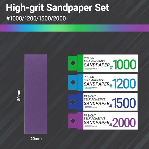 HUBEST 64pcs Self-Adhesive Fine Sandpaper Set – 1000/1200/1500/2000 Grit, PSA Sticky Back Sandpaper for Model Gundam Plastic Kits, Wet Dry Polishing Sheets for Hobby Finishing & Buffing - Image 2