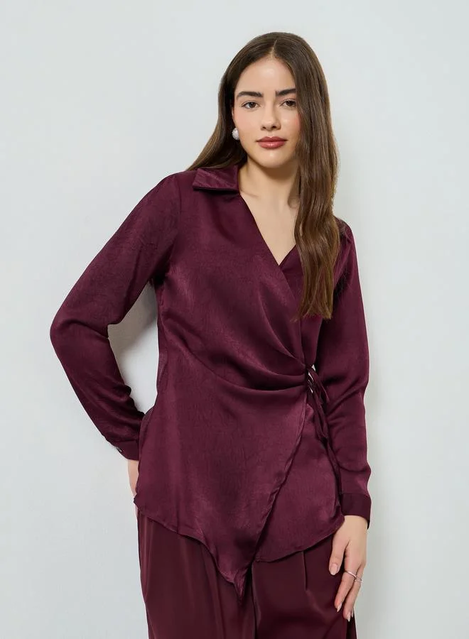 Styli Satin Tie-Up Waist Wrap Longline Top