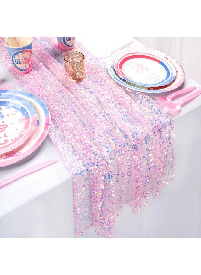 QueenDream Pink Table Runner 10FT Glitter Iridescent Sequin Table Runner 25x120 Inches for Bridal Baby Shower Girls Birthday Party Sweetheart Table Decorations - Image 1