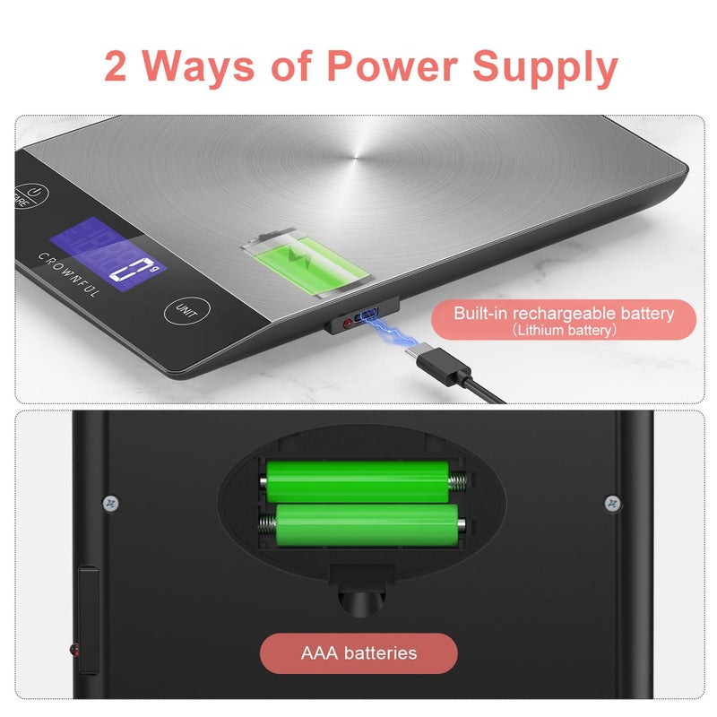 CROWNFUL Food Scale, Rechargeable 304 Stainless Steel Digital Kitchen Scale Upto 33lb Weight Grams and Ounces with LCD Display and Type-C Charging for Baking and Cooking - Image 2