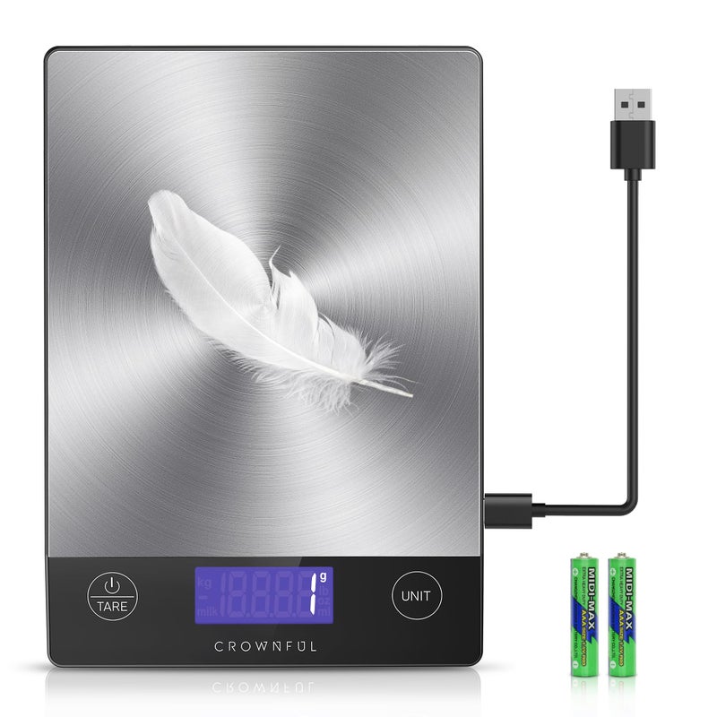 CROWNFUL Food Scale, Rechargeable 304 Stainless Steel Digital Kitchen Scale Upto 33lb Weight Grams and Ounces with LCD Display and Type-C Charging for Baking and Cooking - Image 1