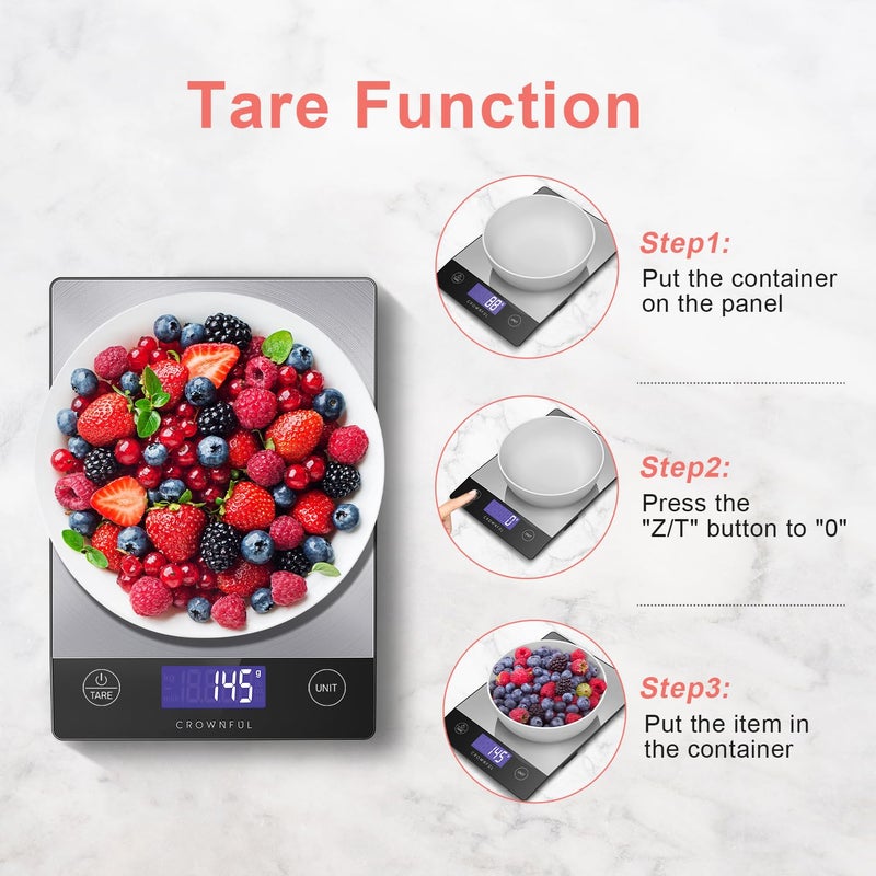CROWNFUL Food Scale, Rechargeable 304 Stainless Steel Digital Kitchen Scale Upto 33lb Weight Grams and Ounces with LCD Display and Type-C Charging for Baking and Cooking - Image 5