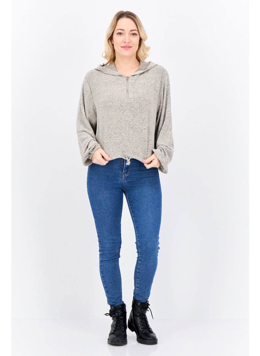 BRAVE SOUL - Women Hooded Long Sleeve Solid Sweatshirt, Beige - Image 1